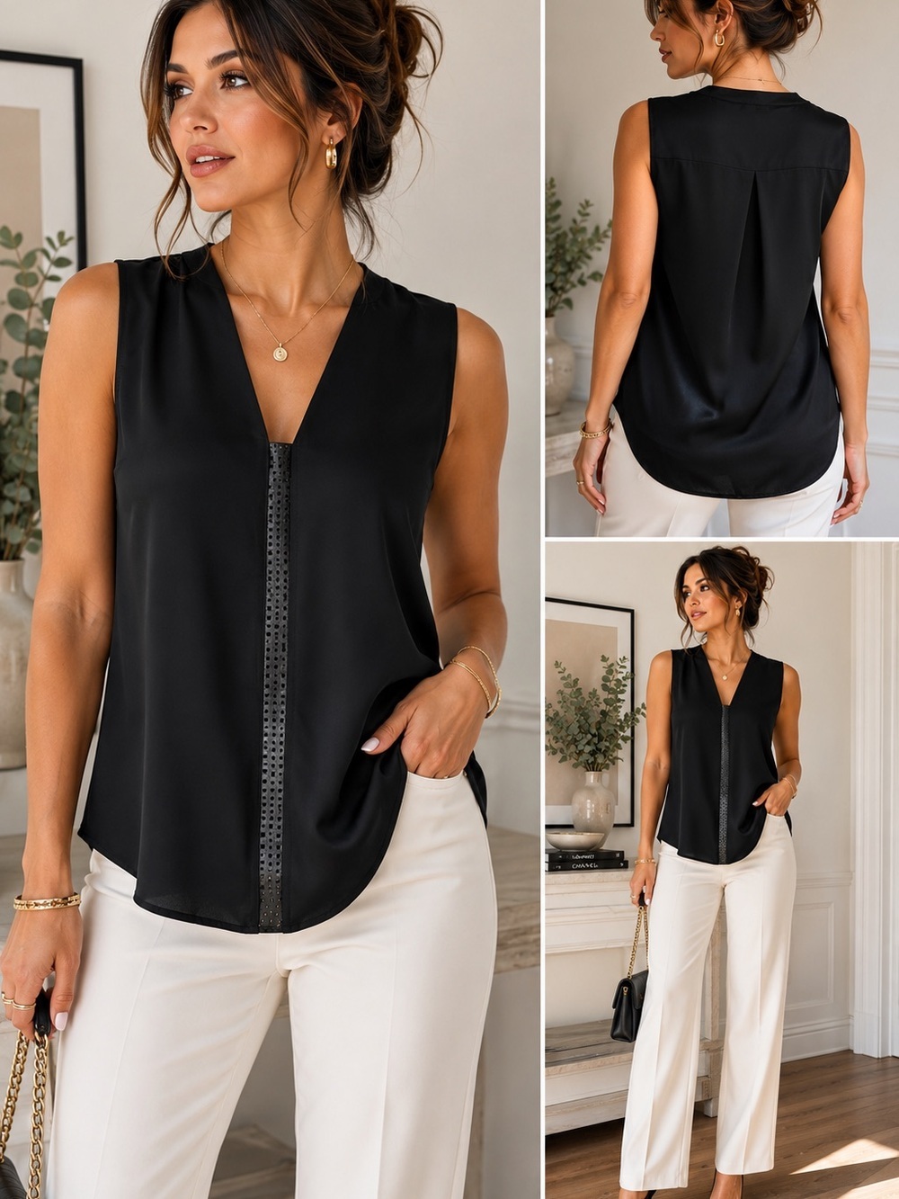 Vince Silk Sleeveless Black Blouse Leather Trim V-Neck XS